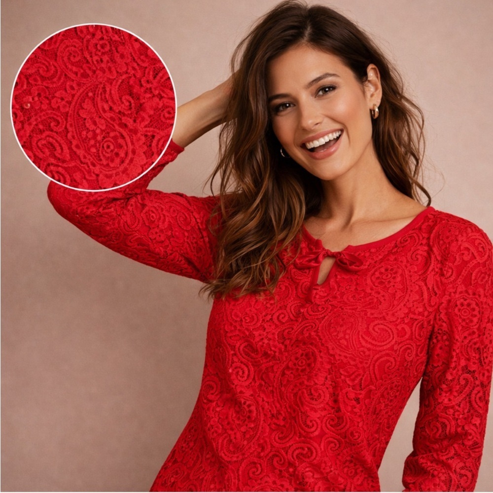 Talbots Red Lace Blouse Long Sleeve Romantic Top Size M
